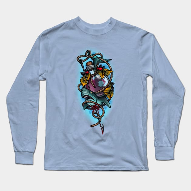 Neotraditional shark and bottle Long Sleeve T-Shirt by InkSmith
